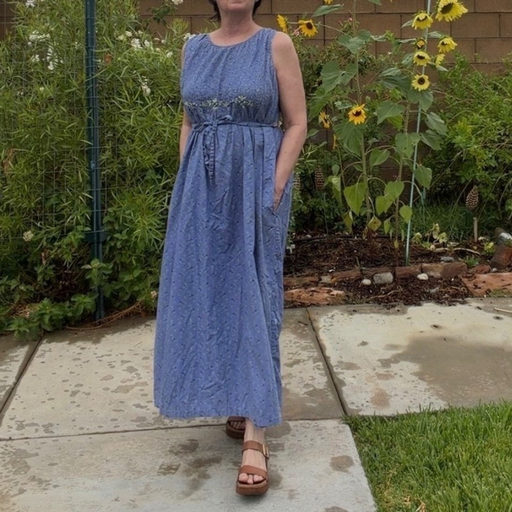 Vintage Blue Floral Embroidered Smocked Maxi Dress Pockets Pudding Shop Size 3